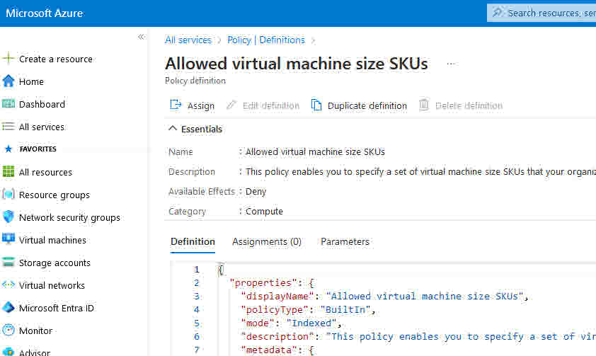 Azure Policy Allowed Virtual machine size SKUs
